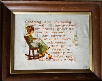 Vintage crewel, nursery, quote