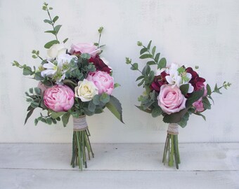 Wedding flowers bridal bouquet bridesmaid bouquet artificial silk flowers ivory cream pink burgundy peony rose hydrangea rustic boho meadow