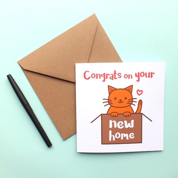 Congrats New House congrats on your new home card. cute ginger cat in packing box Congrats New House congrats on your new home card. cute ginger cat in packing box