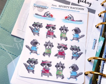 Sporty raccoons functional stickers for planners - Yoga stickers, gym stickers, running stickers, squats stickers, swimming stickers