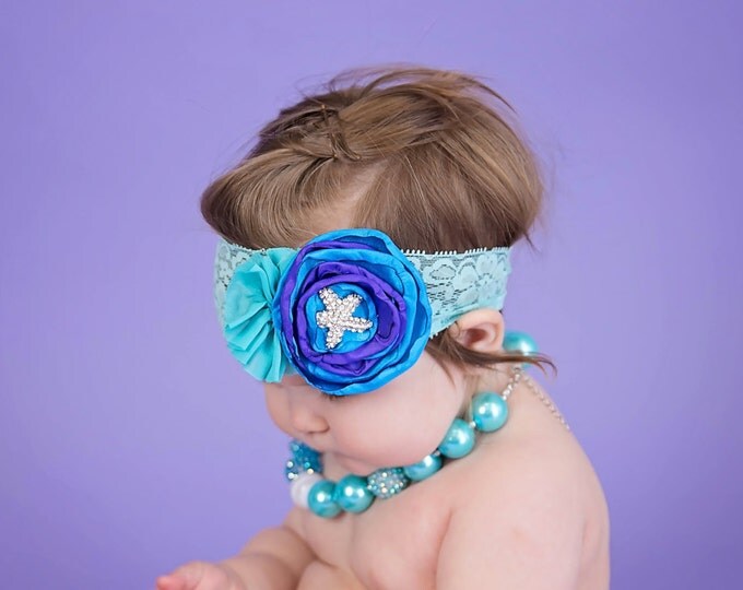 Baby Girls Over The Top Murmaid Headband, photo prop, birthday headband, baby headband, baby bows, aqua headband, teal, turquoise, purple