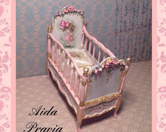 Pink crib 1:12. Hand painted furnitures