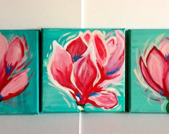 Spring Magnolias. Abstract Acrylic. Pink Flowers. Acrylic Canvas Art. Original Abstract Art. Hand painted. Wall Decor