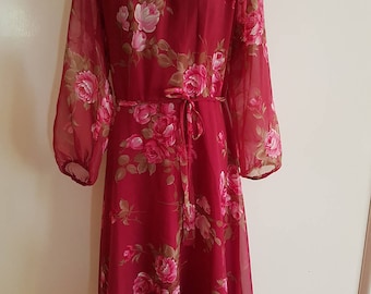 70s Retro Red Rose Floral Day Party Dress