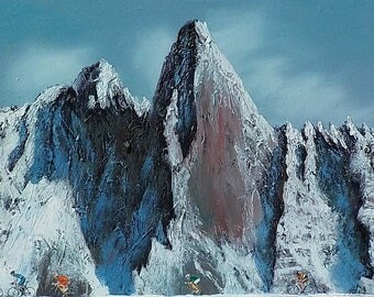 Peloton Aiguille du Dru. Original oil painting on deep-edged canvas. 31 x 81cm. Varnished & signed by the artist.