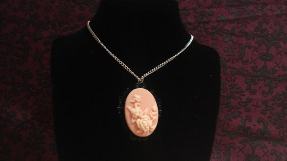 Cameo VIntage Style Necklace With Silver Chain And Light Pink Rose Cameo In Black Frame by FancyCharmsAndBows steampunk buy now online