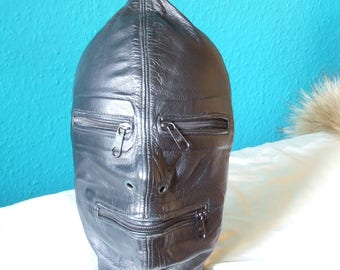 Cagoule en cuir, masque de cuir, en cuir avec fermeture éclair, verrouillable