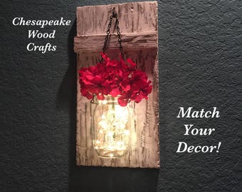 Lighted Mason Jar Sconce, Mason Jar Wall Decor, Mason Jars with Lights, Farmhouse Chic Wall Decor, Farmhouse Decor, Country Chic Wall Decor