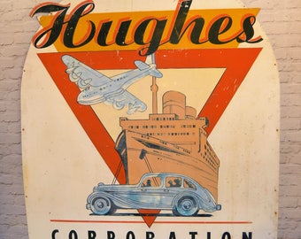 Hughes Corporation art deco metal sign vintage industrial mancave retro cafe restaurant pub cars plane