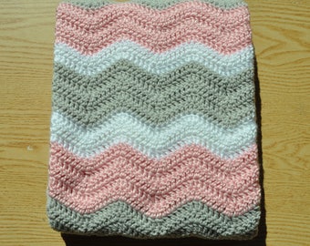 Pink,Gray and White Ripple Baby Blanket/ Chevron Baby Blanket/ Crochet Baby Blanket/ Baby Girl Blanket/ Pink Crochet Baby Blanket