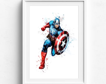 Captain america, captain america art, superhero print, marvel print, superhero art print, captain watercolor, captain america gift printable