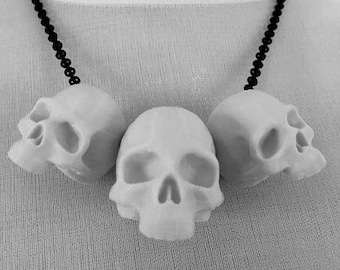 3D Printed Human Skull Necklace - Trio - Black or White