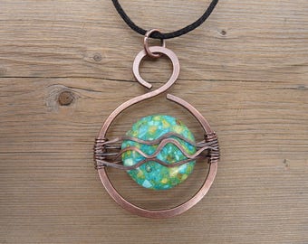 wire wrap pendant necklace, copper wire jewelry, unique necklaces for women, turquoise pendent, womens gift, handmade jewelry wave pendant
