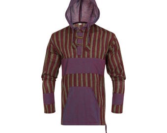 Grandad Shirt with Hoodie // Long Sleeve Kurta // 100% Cotton // Made in Nepal // Striped // Hippie Hobo Boho Bohemian Wear