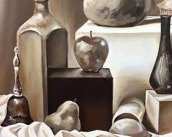 Monochromatic, Rustic, Vintage, Sepia, Original Still-Life Painting