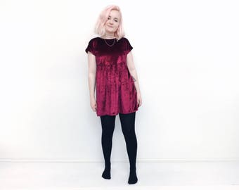 Velvet dress slouchy grunge dress loose babydoll crushed velvet 90s style dress short mini dress rolled sleeve