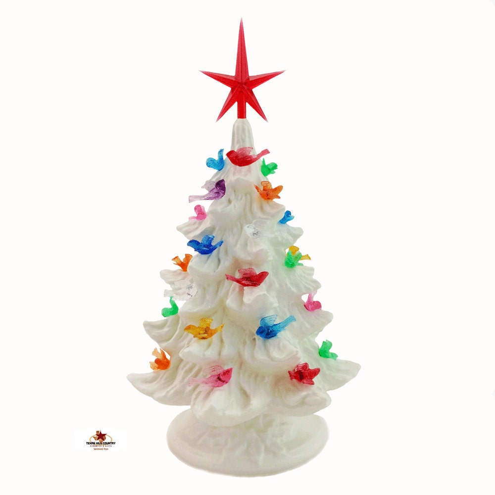 Small Tabletop Ceramic Christmas Tree All White with Color