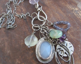 Silver Charm Necklace .925 Charm Cluster Necklace Stamped Silver Charm Necklace Pastel Purple Blue Green Amethyst Gemstone Cluster Necklace