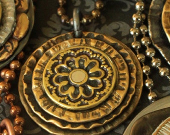 Pretty flower brass smashed button PENDANT gypsy steampunk style... brass and steel vintage buttons