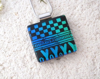 Black Blue & Green Necklace, Dichroic Necklace, Fused Glass Jewelry, Dichroic Jewelry, Contemporary Pendant Necklace, 102116p100