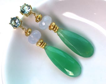 Australian Chrysoprase Very Long Specimen Grade Drop Earrings with 22kg Vermeil Embellishments....