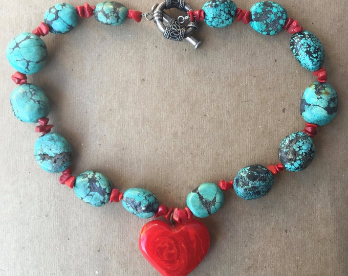 Turquoise Beaded Heart Necklace * Chunky Stones * Turquoise Necklace *Heart Necklace