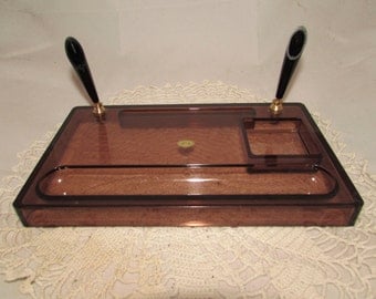 Vintage Clear Brown Acrylic Plastic Desk Organizer, Pen Holder, 70s, office, desk accessory, home décor