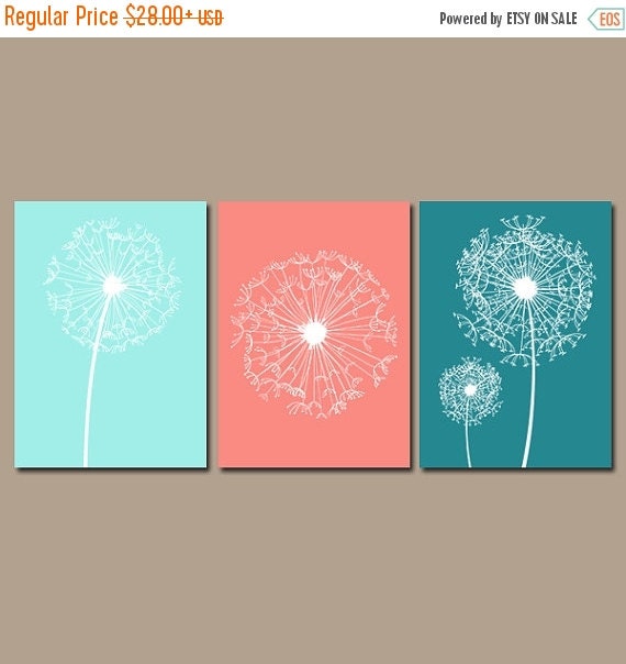 Dandelion Wall Art Coral Teal Aqua Bedroom Pictures by TRMdesign