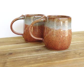 Pottery Mugs in Shino and Sea Mist Glazes, Ceramic Cups, Rustic Stoneware - Set of 2