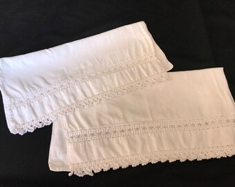 Pair of Vintage White Thinner Cotton Pillowcases with White Crochet Trim and Inset Crochet