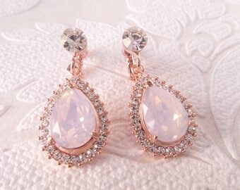 Blush Rose Vintage Glam Pierced or ClipOn Drop Earrings with Opal Light Pink Swarovski Crystal Art Deco Bridesmaid Wedding Bridal Jewelry
