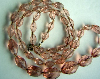 Vintage Art Deco Era Pale Peach Pink Faceted Glass / Crystal Necklace 29" Long