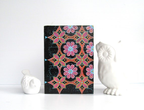 Pink Flowers Colorful wall art on hollow wood box Pink and yellow