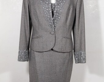 PARADISE Italian VINTAGE Gray Glen Pattern SUIT Blazer Top and Skirt set sz 2 is