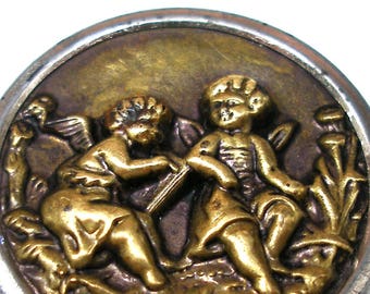 LG Antique BUTTON, Victorian Cupids, 1.25". Little angels, putti. Made in Germany.