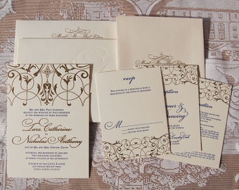 Letterpress Wedding Invitation DEPOSIT, Classic Wedding Invitation, Gold Invitation, Wedding Invitation Suite, Wedding Invitations