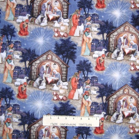 Christmas Fabric Blessed Birth Nativity Scene Blue Springs