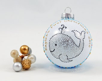 Baby's First Christmas ornament - Personalized hand painted glass ornament - Cute whale