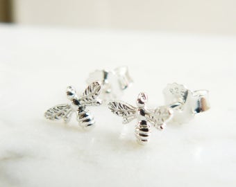 Bee earrings, tiny bee silver studs, sterling silver earrings, delicate stud earrings, FREE UK SHIPPING
