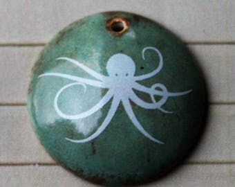 1" Rustic Sea Blue Octopus - Domed Circle Pendant - Ceramic Focal Pendant