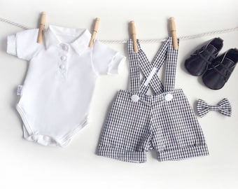 Black White Gingham Baby Boy Clothes, 4 Piece Baby Boy First Birthday Outfit, Baby Suit, Baby Suit, Ringbearer Outfit, Baby Wedding