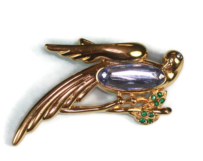 Dove Brooch Blue Glass Cab Tummy Monet Rhinestones Vintage