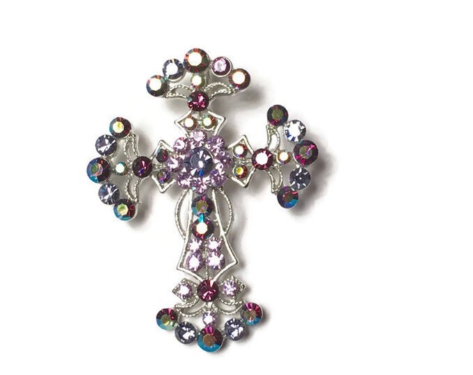 Kirks Folly Rhinestone Cross Brooch Pendant Pink Purple AB Rhinestones