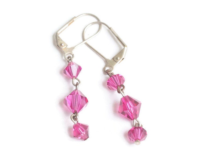 Fuchsia Pink Crystal Dangle Earrings Lever Back Vintage