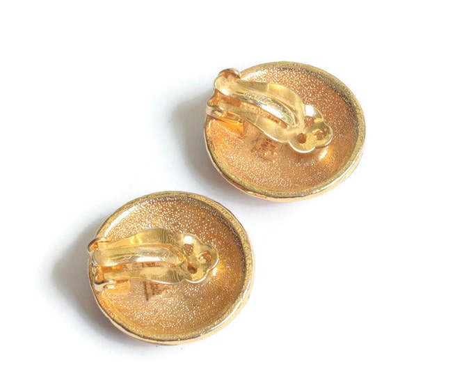 Domed Round Enameled Earrings Red Yellow Orange Brown Signed Celebrity Vintage Clip On