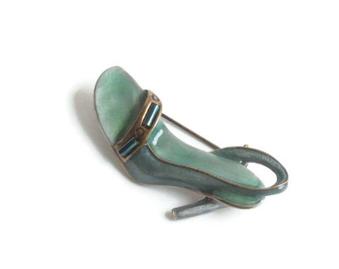 Enameled High Heel Shoe Pin Blue Green Figural Brooch Vintage