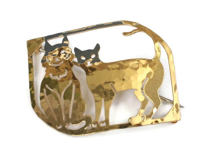Gold Plated Two Cats Brooch Wild Bryde Hammered Finish Vintage