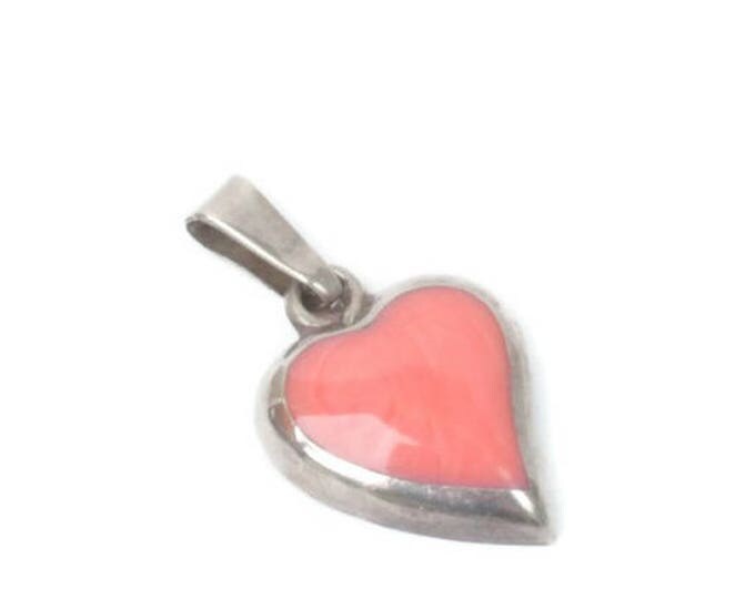 Coral Banded Agate Sterling Heart Pendant Mexico Signed Vintage