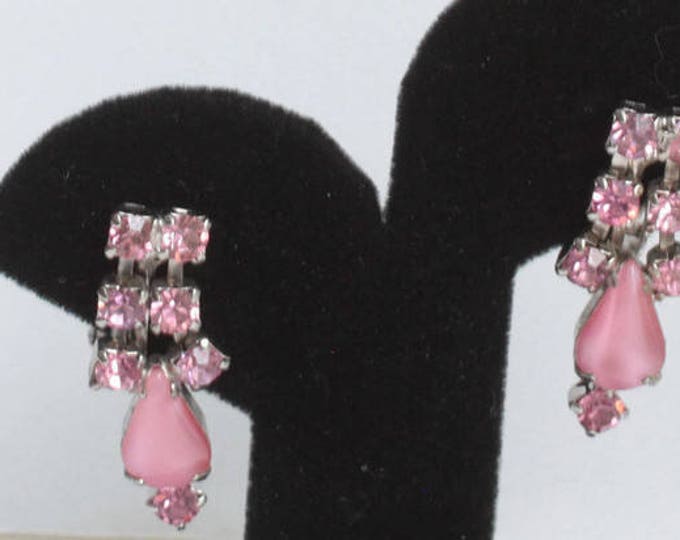 Pink Rhinestone Earrings Dangle Clip On Vintage
