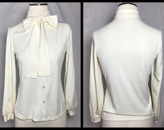 1970s Cream Polyester Bow Tie Blouse - Size 34